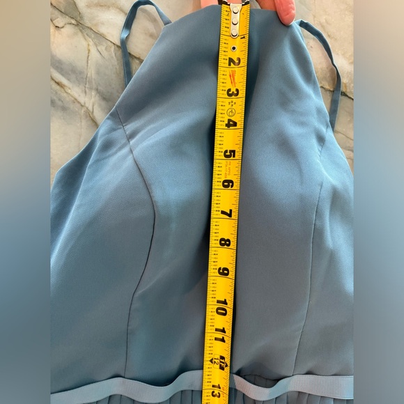 Davids Bridal Bridesmaid Dress Steel Blue Sz 4 Chiffon Halter Neck Pleated Skirt - Picture 10 of 16